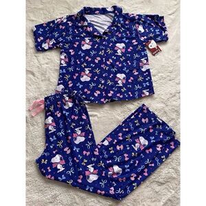 Peanuts Snoopy Bows Bow Tie Pajamas PJ Set Soft Blue Women’s Sz L NEW